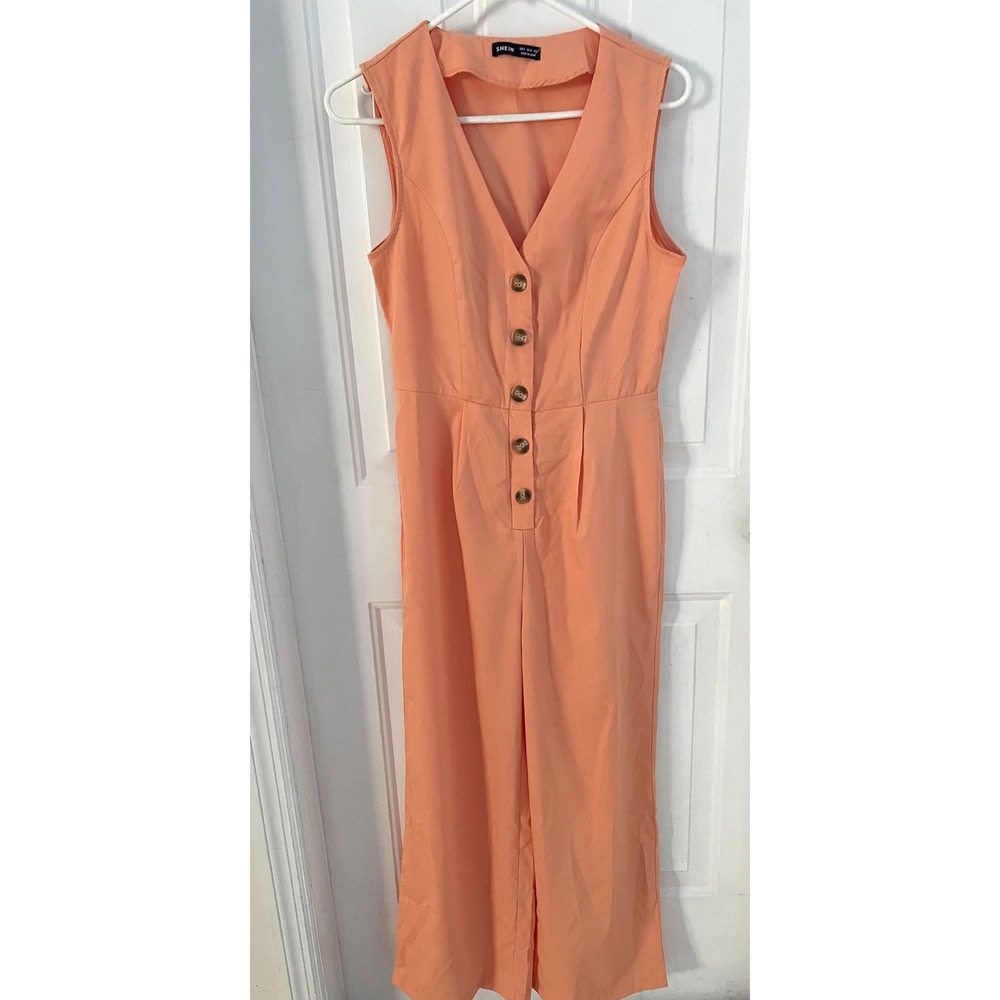 SHEIN Women Peach V Neck Sleeveless Button Front Wide Leg Jumpsuit Size S